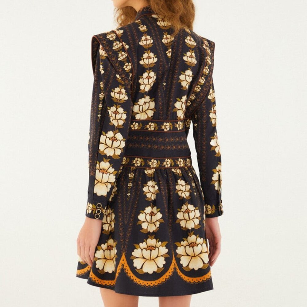 FARM Rio Black Bold Flowers Long Sleeve Organic Cotton Mini Dress. Sz: M - Picture 2 of 13